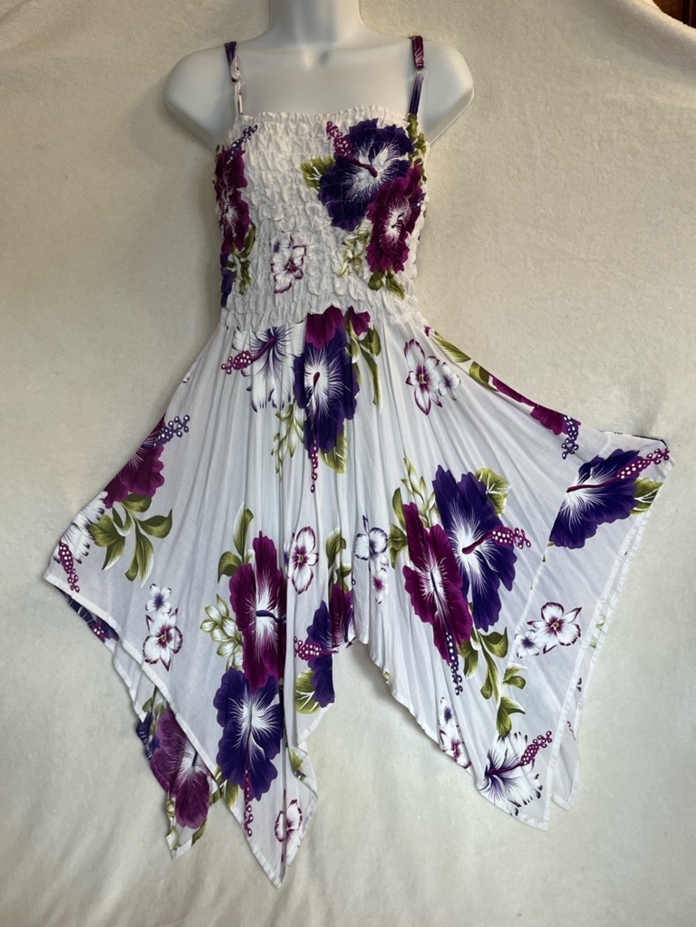 White Floral Handkerchief Hem Sundress with Purple & Pink Blooms
